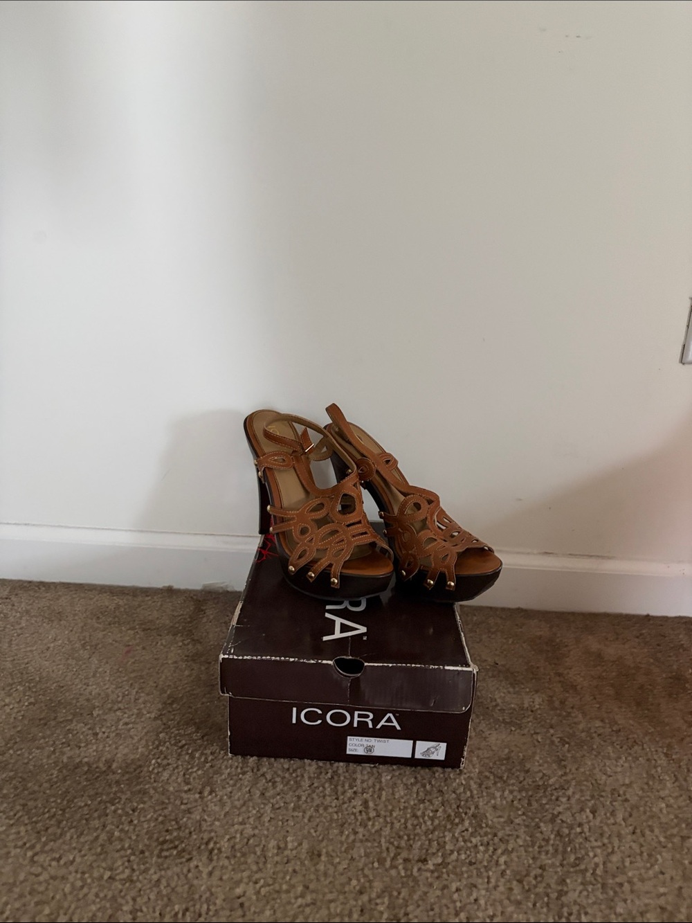 ICORA Tan Laser-Cut High Heel Sandals with Ankle Strap